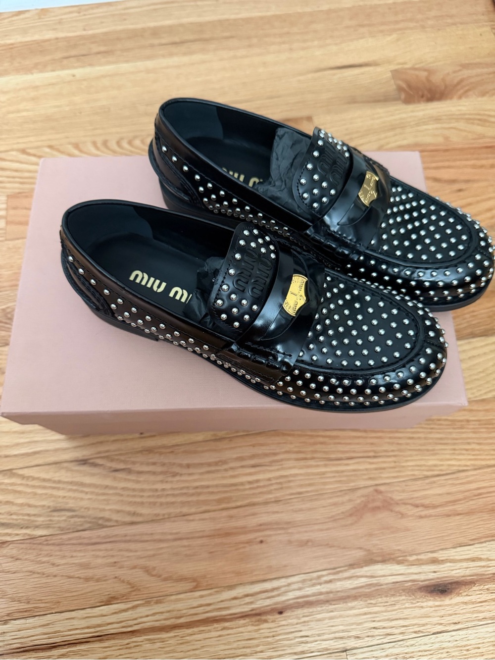 Miu Miu Black Studded Patent Leather Loafers